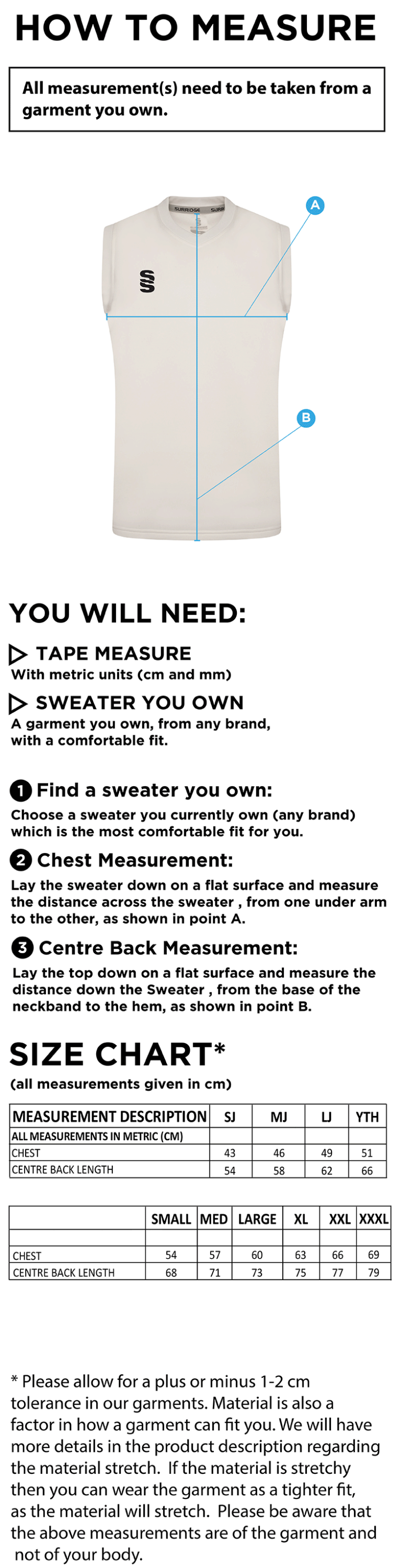 DARCY LEVER CC Blast Sleeveless Cricket Sweater - Size Guide