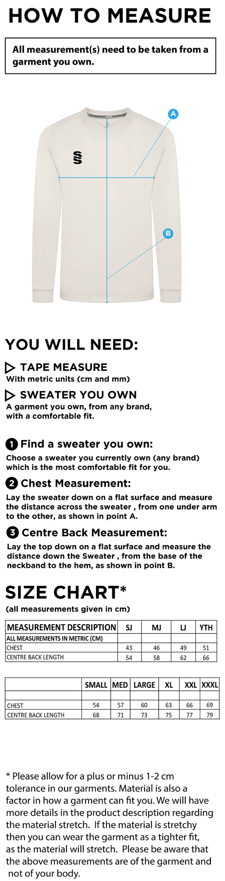 DARCY LEVER CC Blast Long Sleeve Cricket Sweater - Size Guide