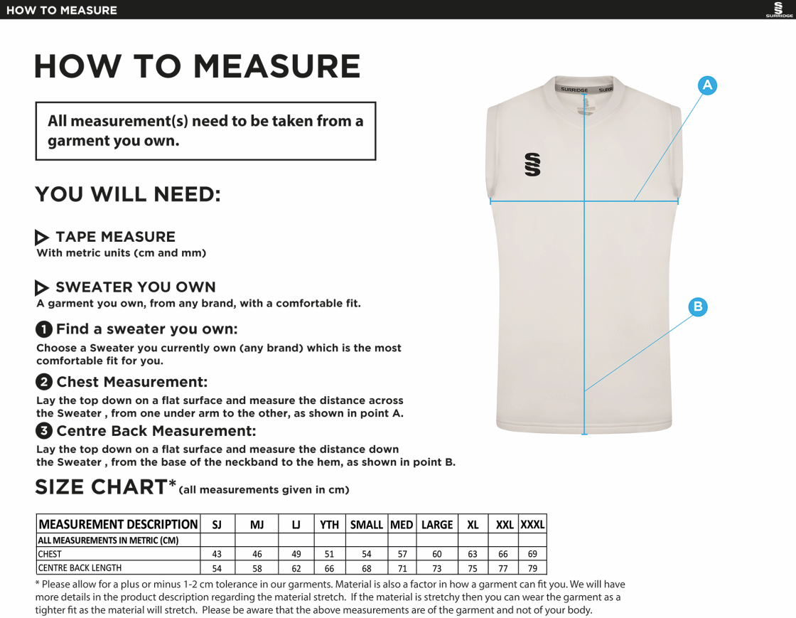 DARCY LEVER CC Blast Sleeveless Cricket Sweater - Size Guide
